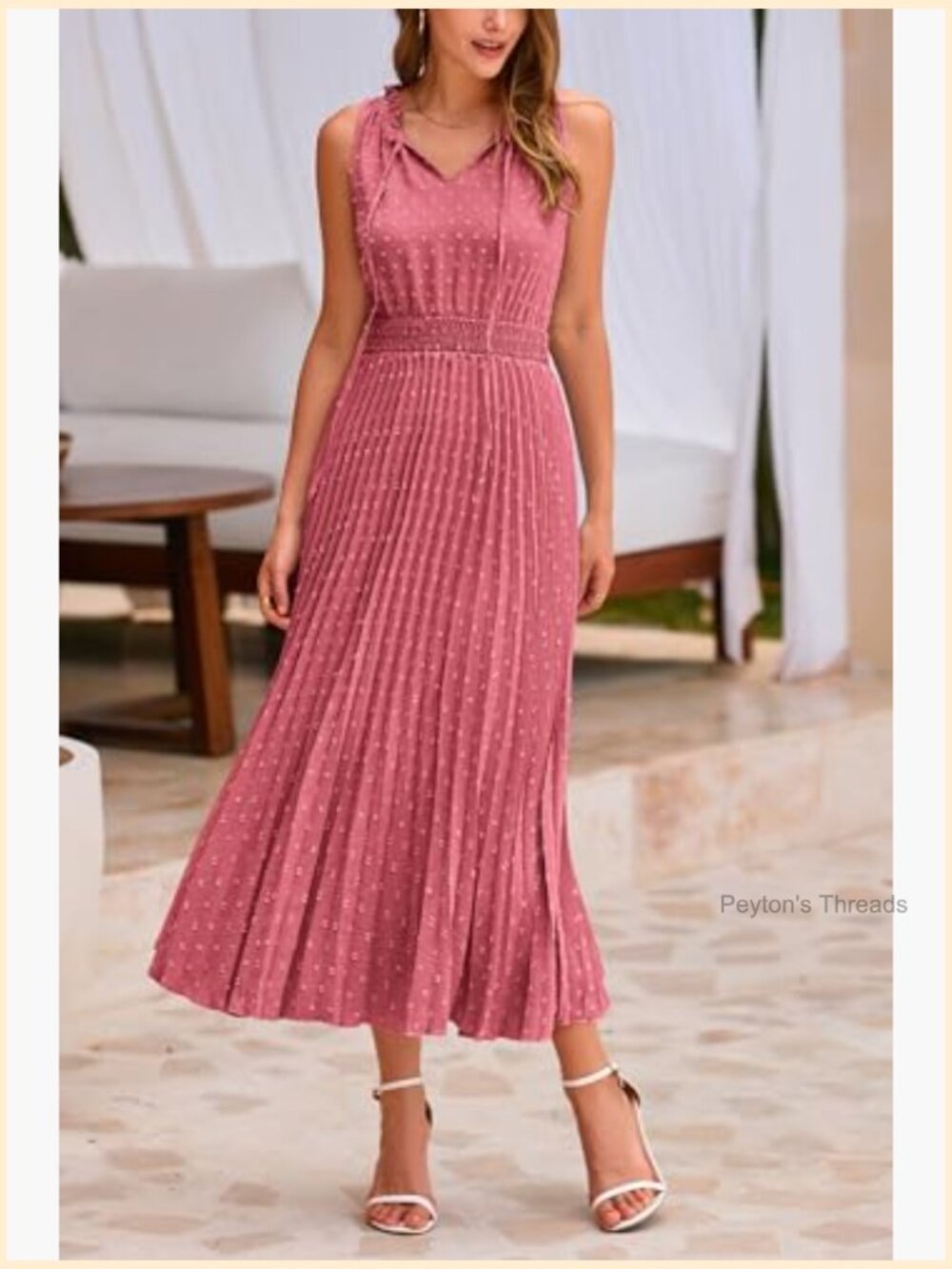 Swiss Dot Ruffle Sleeveless Midi Summer Dress with V Neck - Picture 3 of 7
